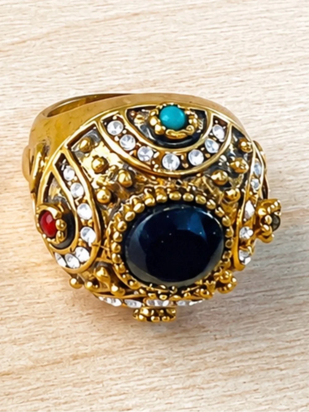 Gold-Tone Multi Gem Statement Ring - Black, Turquoise & Red Accents
